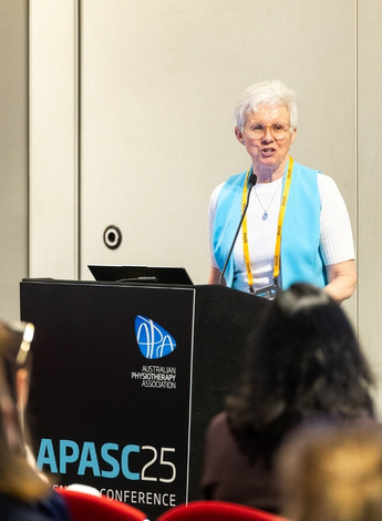 Professor Anne-Marie Hill at the APASC25 conference in Adelaide discussing falls prevention research. Photo: Michael Blyde